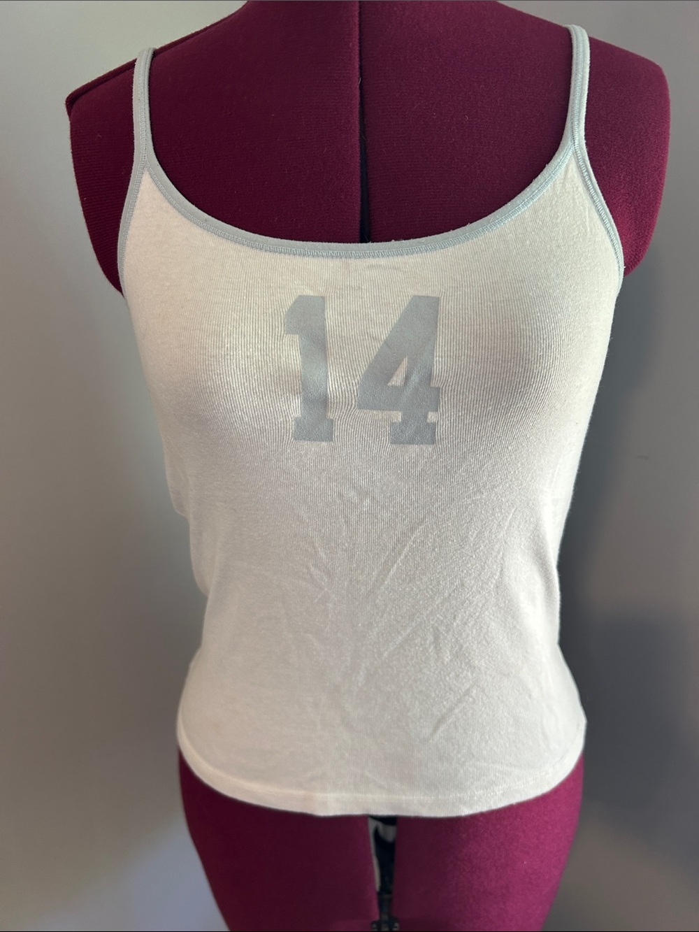 Brandy Melville White Tank Top with Gray Trim and '14'